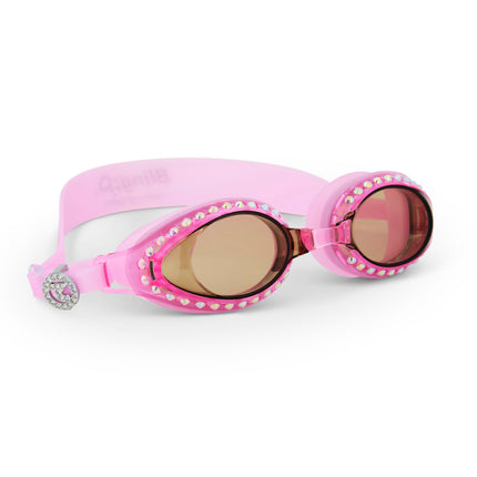 angled view of seek tranquility swim goggles in peaceful pink showing a dusty pink swim goggle with rhinestones