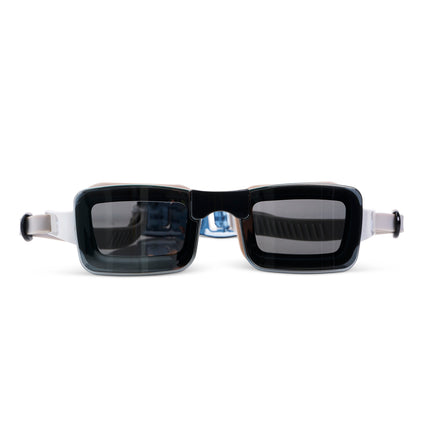 Velocity Swim Goggles in Onyx showing a sleek black frameless lens and tan colored  silicone gasket and strap