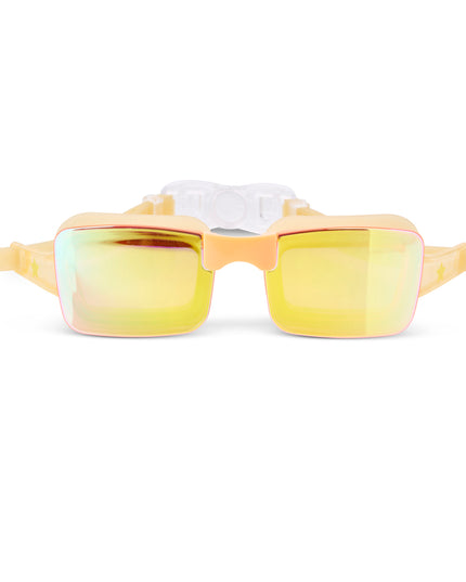 Velocity Swim Goggles in Volt showing a sleek gold frameless lens and gold colored  silicone gasket and strap