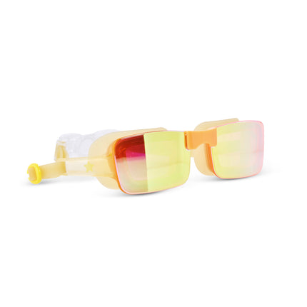 angled view of Velocity Swim Goggles in Volt showing a sleek gold frameless lens and gold colored silicone gasket and strap