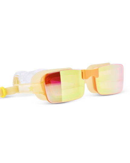angled view of Velocity Swim Goggles in Volt showing a sleek gold frameless lens and gold colored silicone gasket and strap