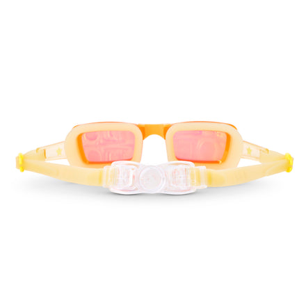 back view of Velocity Swim Goggles in Volt showing a clear back clip, gold colored silicone gasket, and gold colored strap