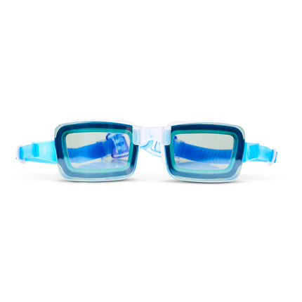 Velocity Swim Goggles in Wave showing frameless square lens in blue