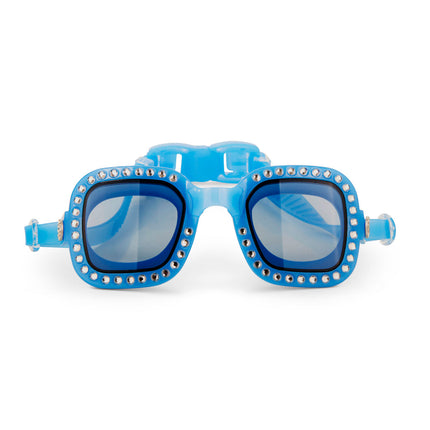 vibrancy swim goggles in clear skies blue showing large square frame with rhinestones
