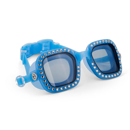 angled view of vibrancy swim goggles in clear skies blue showing large square frame with rhinestones