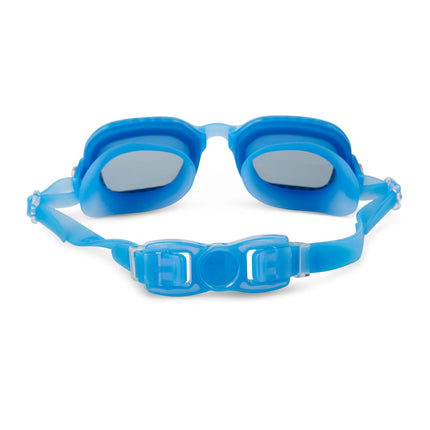 back view of vibrancy swim goggles in clear skies blue showing strap and back clip