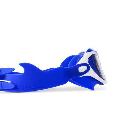 close-up of Covert Chomp Kids Swim Goggles in Frost Fin showing shark fin strap detail