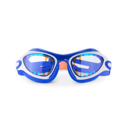 Covert Chomp Kids Swim Goggles in Frost Fin showing a blue and white frame, and shark teeth screen printed clear lens