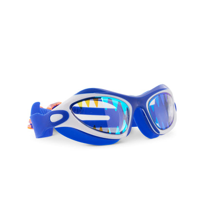 angled view of Covert Chomp Kids Swim Goggles in Frost Fin showing a blue and white frame, and shark teeth screen printed clear lens