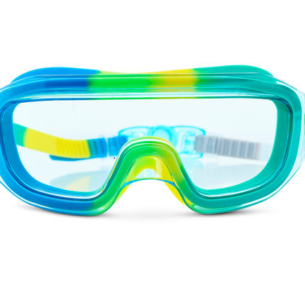 Hologram Swim Goggles in Cyber Green showing a wide frameless reflective lens with different greens swirled silicone gasket