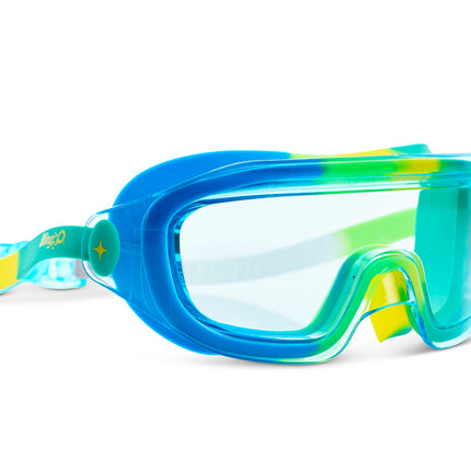 angled view of Hologram Swim Goggles in Cyber Green showing a wide frameless reflective lens with different greens swirled silicone gasket