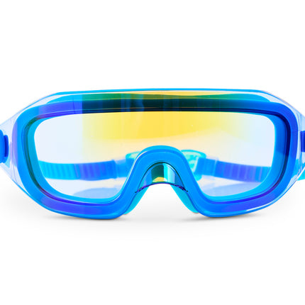 Hologram Swim Goggles in Ocean Byte showing a wide frameless reflective lens with deep blue silicone gasket
