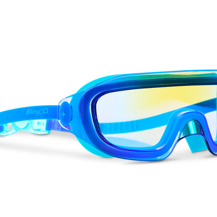 angled view of Hologram Swim Goggles in Ocean Byte showing a wide frameless reflective lens with deep blue silicone gasket