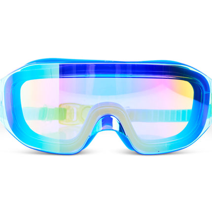Hologram Swim Goggles in Polar Stream showing a wide frameless reflective lens with blue silicone gasket