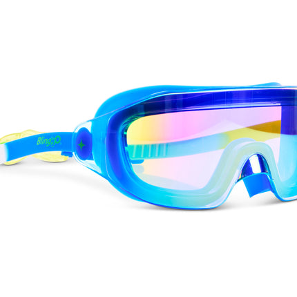 angled view of Hologram Swim Goggles in Polar Stream showing a wide frameless reflective lens with blue silicone gasket