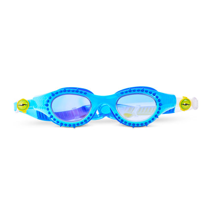 Jurassic Dive Kids Swim Goggles in raptor reef blue showing silicone spikes, a reptilian printed frame and eyeball strap sliders