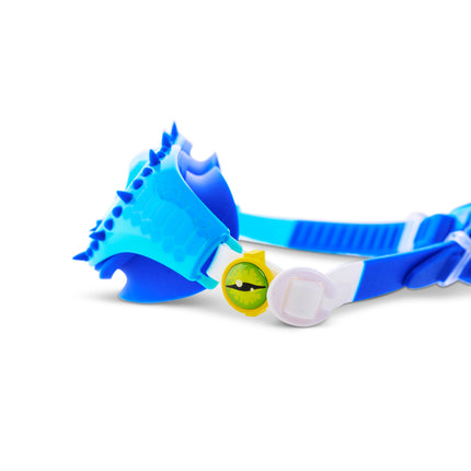 close-up view of Jurassic Dive Kids Swim Goggles in seafoam spike showing silicone spikes, a reptilian printed frame and eyeball strap sliders