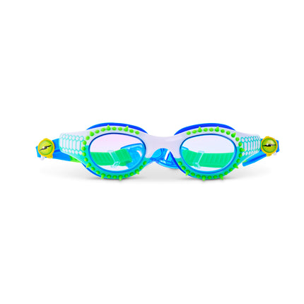 Jurassic Dive Kids Swim Goggles in seafoam spike showing silicone spikes, a reptilian printed frame and eyeball strap sliders