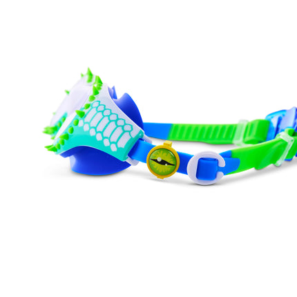 close-up view of Jurassic Dive Kids Swim Goggles in seafoam spike showing silicone spikes, a reptilian printed frame and eyeball strap sliders