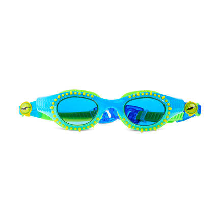 Jurassic Dive Kids Swim Goggles in stego splash showing silicone spikes, blue lenses, a reptilian printed frame and eyeball strap sliders