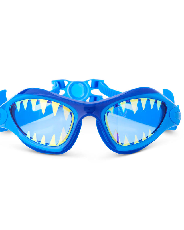 megamouth kids' swim goggles in riptide royal showing shark teeth screen printed on the lens on a blue wide frame