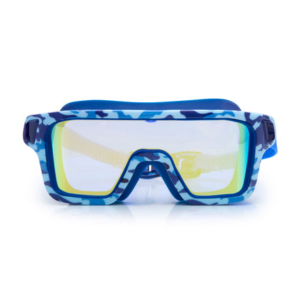 special ops kids' swim goggles in battleship blue showing a wide reflective lens and blue camo print