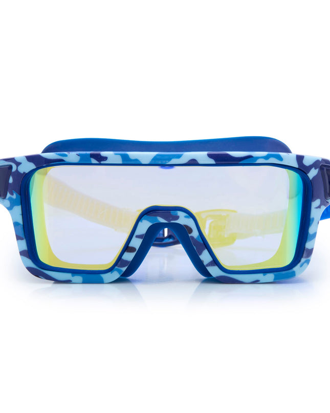 special ops kids' swim goggles in battleship blue showing a wide reflective lens and blue camo print
