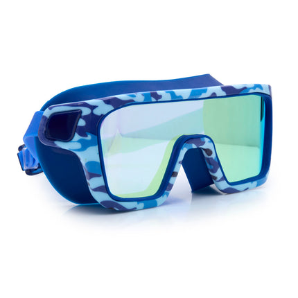 angled view of special ops kids' swim goggles in battleship blue showing a wide reflective lens and blue camo print