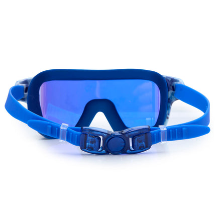 back view of special ops kids' swim goggles in battleship blue showing strap and back clip