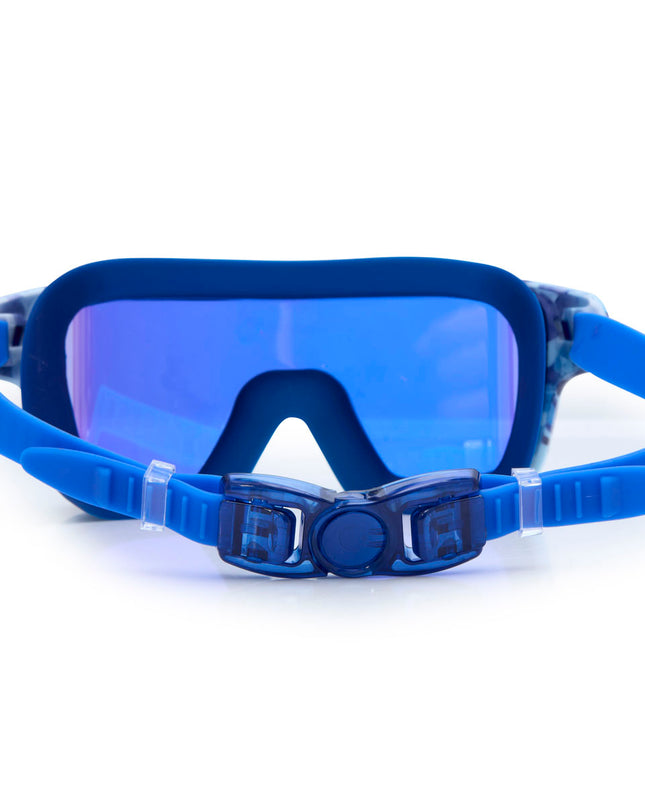 back view of special ops kids' swim goggles in battleship blue showing strap and back clip