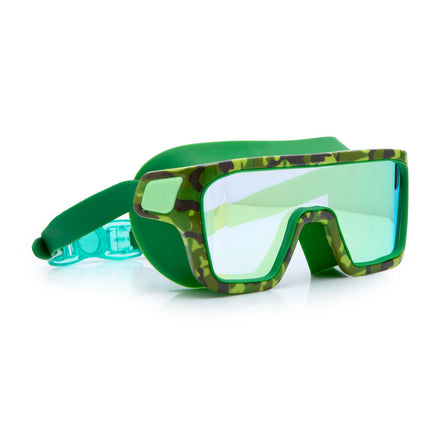angled view of special ops kids' swim goggles in guerilla green showing wide frame swim goggles and a green camo printed frame