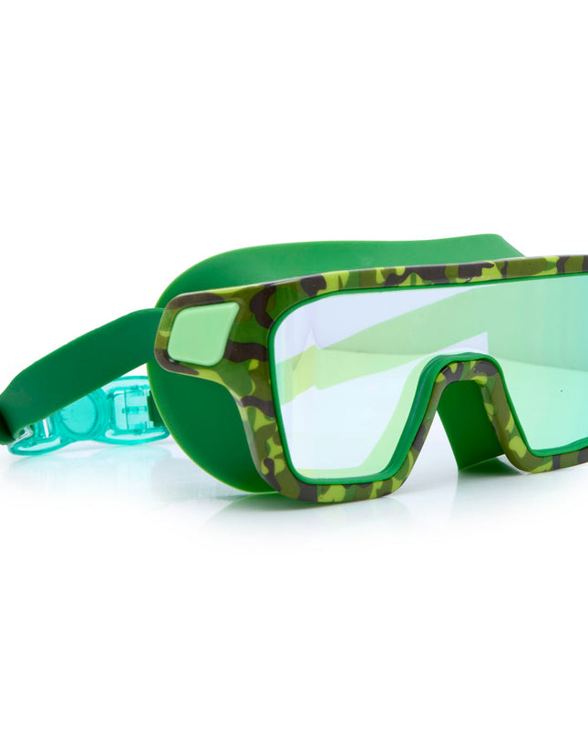 angled view of special ops kids' swim goggles in guerilla green showing wide frame swim goggles and a green camo printed frame