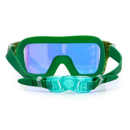 back view of special ops kids' swim goggles in guerilla green showing strap and back clip