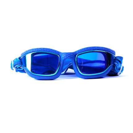 Softline Swim Goggles in bubble showing textured frame, mirrored lens, and soft strap