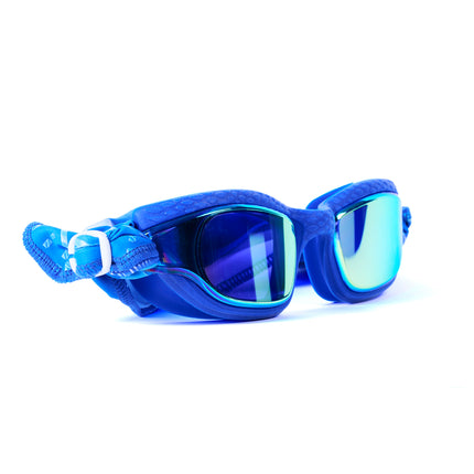 angled shot of Softline Swim Goggles in bubble showing textured frame, mirrored lens, and soft strap