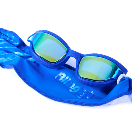 styled shot of Softline Swim Goggles in bubble showing textured frame, mirrored lens, and soft strap