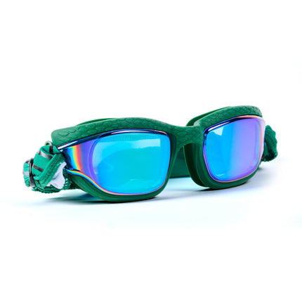 angled shot of Softline Swim Goggles in meadow showing textured frame, mirrored lens, and soft strap