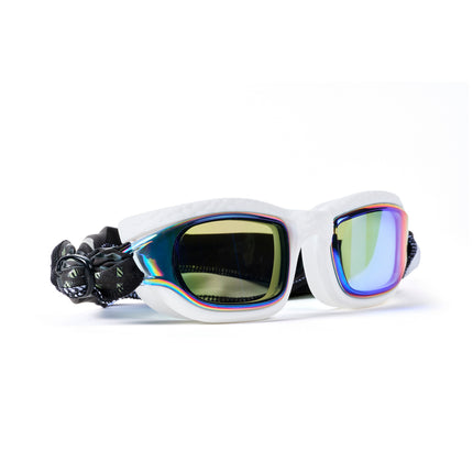 angled shot of Softline Swim Goggles in puff showing textured frame, mirrored lens, and soft strap