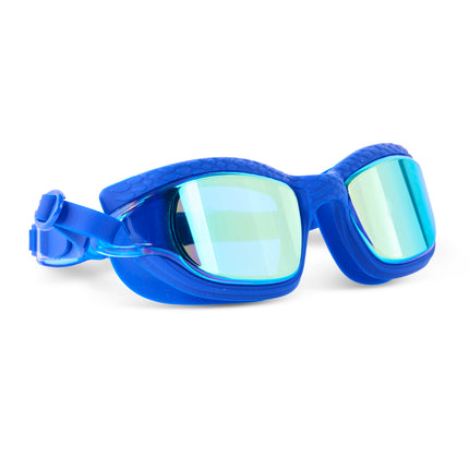 angled view of Streamline Swim Goggles in deep tides showing textured frame and mirrored lens