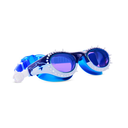 angled view of Shark Surge Kids Swim Goggles in great white strike showing silicone spikes, and a shark illustration on the frame
