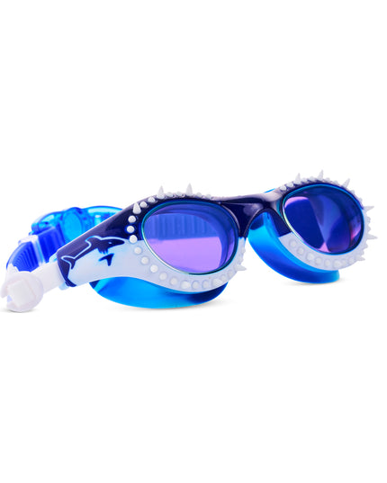 angled view of Shark Surge Kids Swim Goggles in great white strike showing silicone spikes, and a shark illustration on the frame