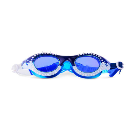 Shark Surge Kids Swim Goggles in great white strike showing silicone spikes and a shark illustration on the frame