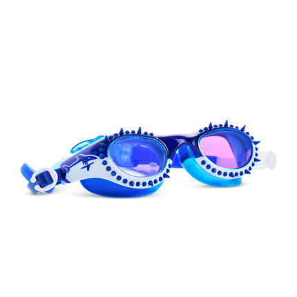angled view of Shark Surge Kids Swim Goggles in lagoon bite showing silicone spikes and a shark illustration on the frame