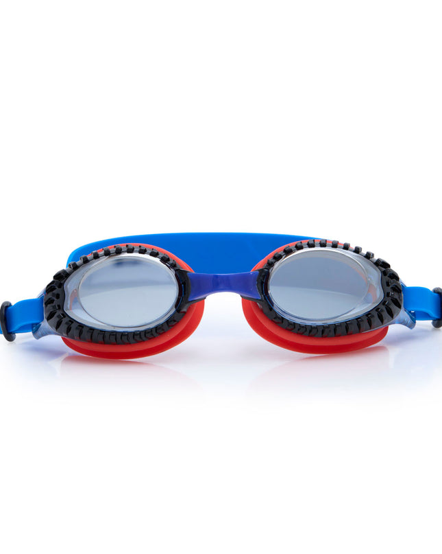 turbo drive kids' swim goggles in race car red showing car tire tread frame and red gasket
