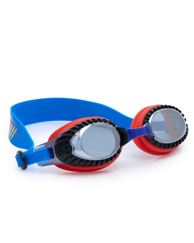 angled view of turbo drive kids' swim goggles in race car red showing car tire tread frame and red gasket