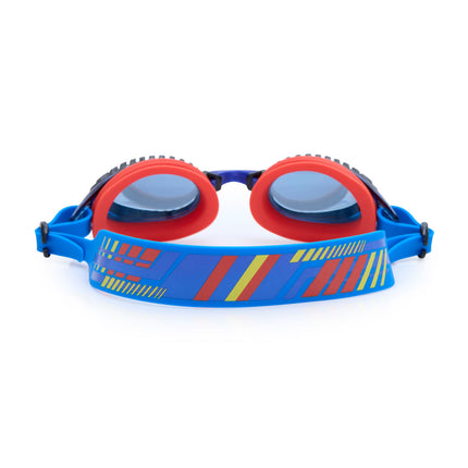 back view of turbo drive kids' swim goggles in race car red showing printed strap