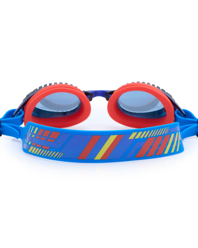 back view of turbo drive kids' swim goggles in race car red showing printed strap