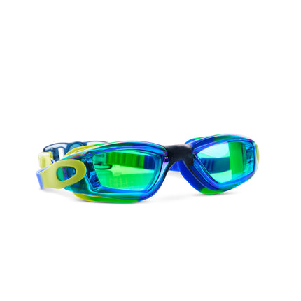 angled view of Voyage Swim Goggles showing all silicone frame in blue, green and yellow swirled silicone with green tinted lens