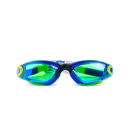 Voyage Swim Goggles showing all silicone frame in blue, green and yellow swirled silicone with green tinted lens