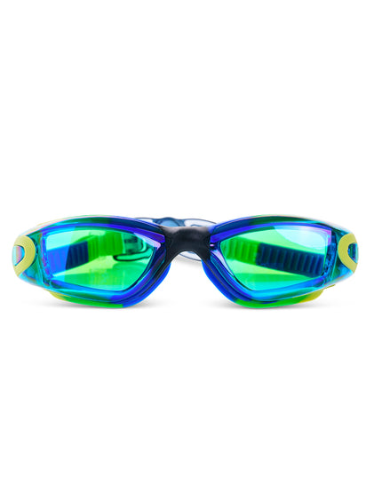 Voyage Swim Goggles showing all silicone frame in blue, green and yellow swirled silicone with green tinted lens